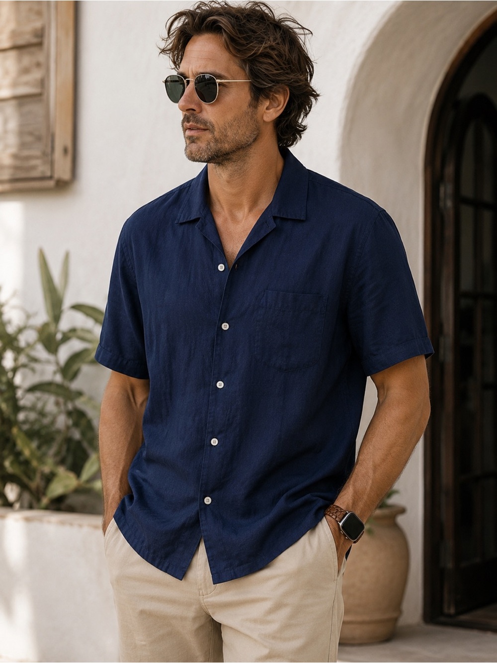 Men’s L Linen Short Sleeve Navy Button Down Shirt
